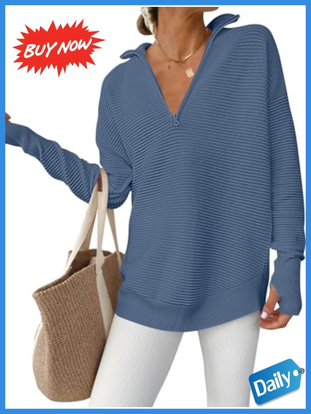 Women Long Sleeve V Neck Quarter Zip Sweater Pullover Loose Fit Rib Knit